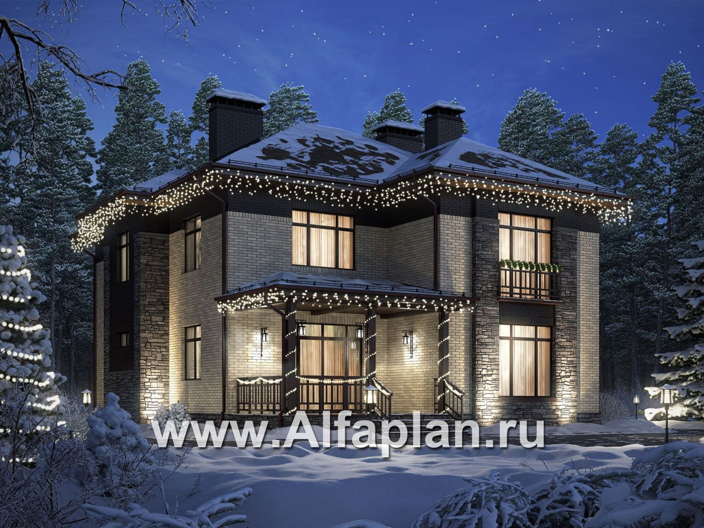 Проект двухэтажного дома, с террасой, планировка 4 спальни, в современном стиле - дизайн дома №1