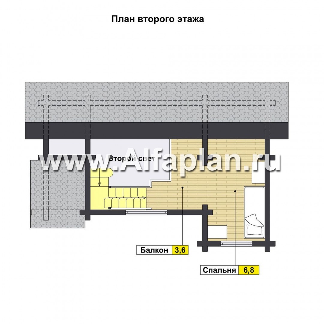 Проект дома с мансардой из бруса, с террасой. Гостевой дом, дача с односкатной кровлей - план дома