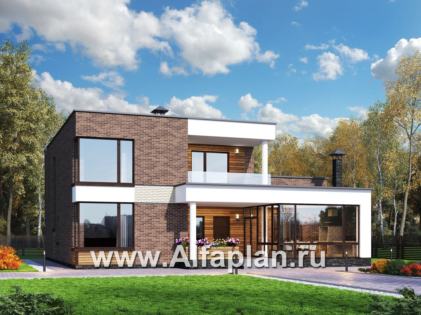 «Спектр» - проект современного двухэтажного дома, с двумя жилыми комнатами на 1-ом этаже и сауной - основное изображение