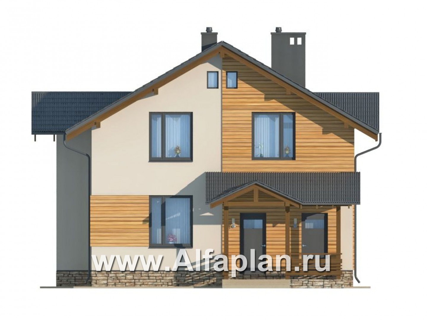 Проект дома из газобетона с мансардой, план с кабинетом на 1 эт, в стиле шале - фасад дома