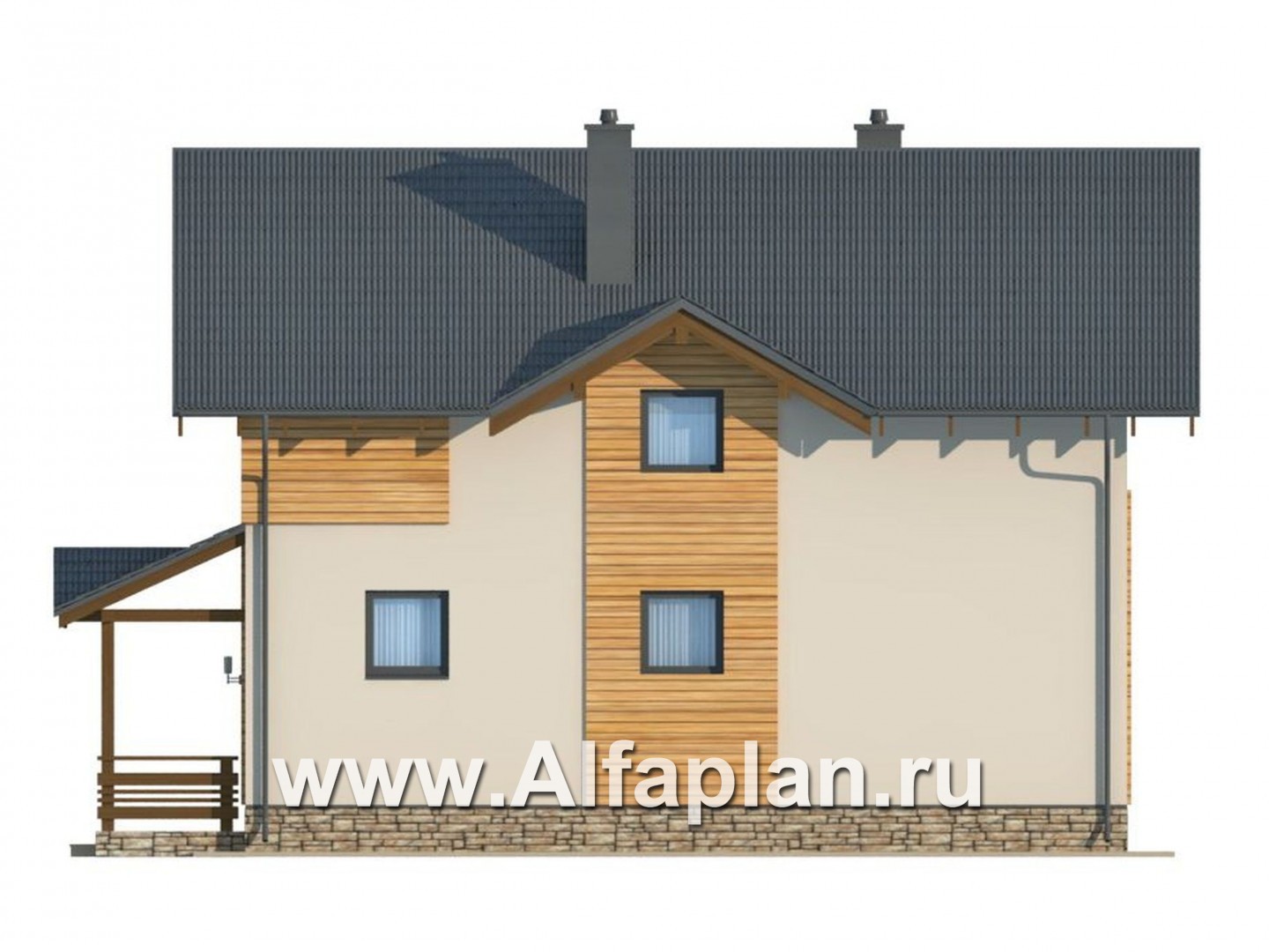 Проект дома из газобетона с мансардой, план с кабинетом на 1 эт, в стиле шале - фасад дома