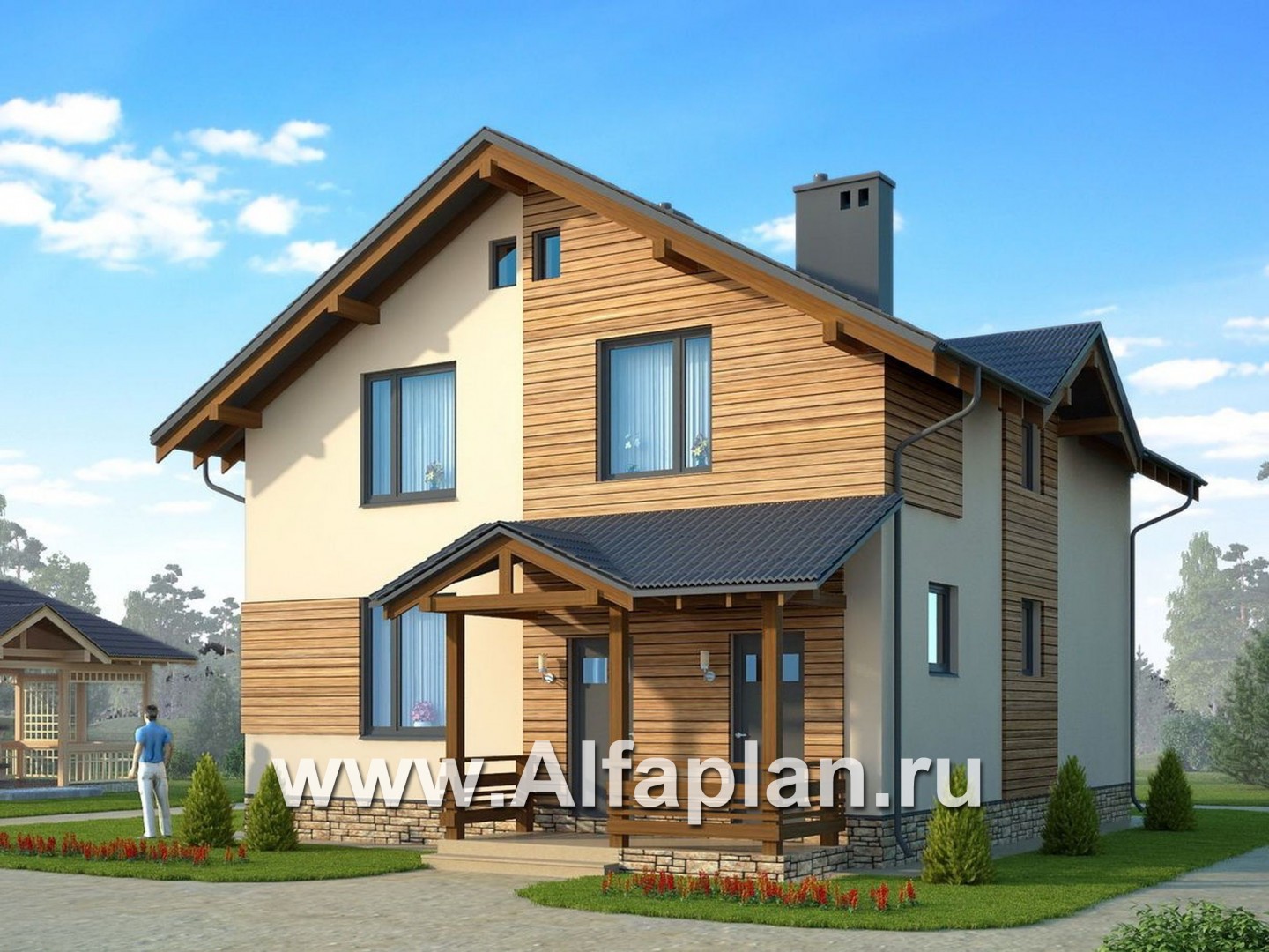 Проект дома из газобетона с мансардой, план с кабинетом на 1 эт, в стиле шале - основное изображение