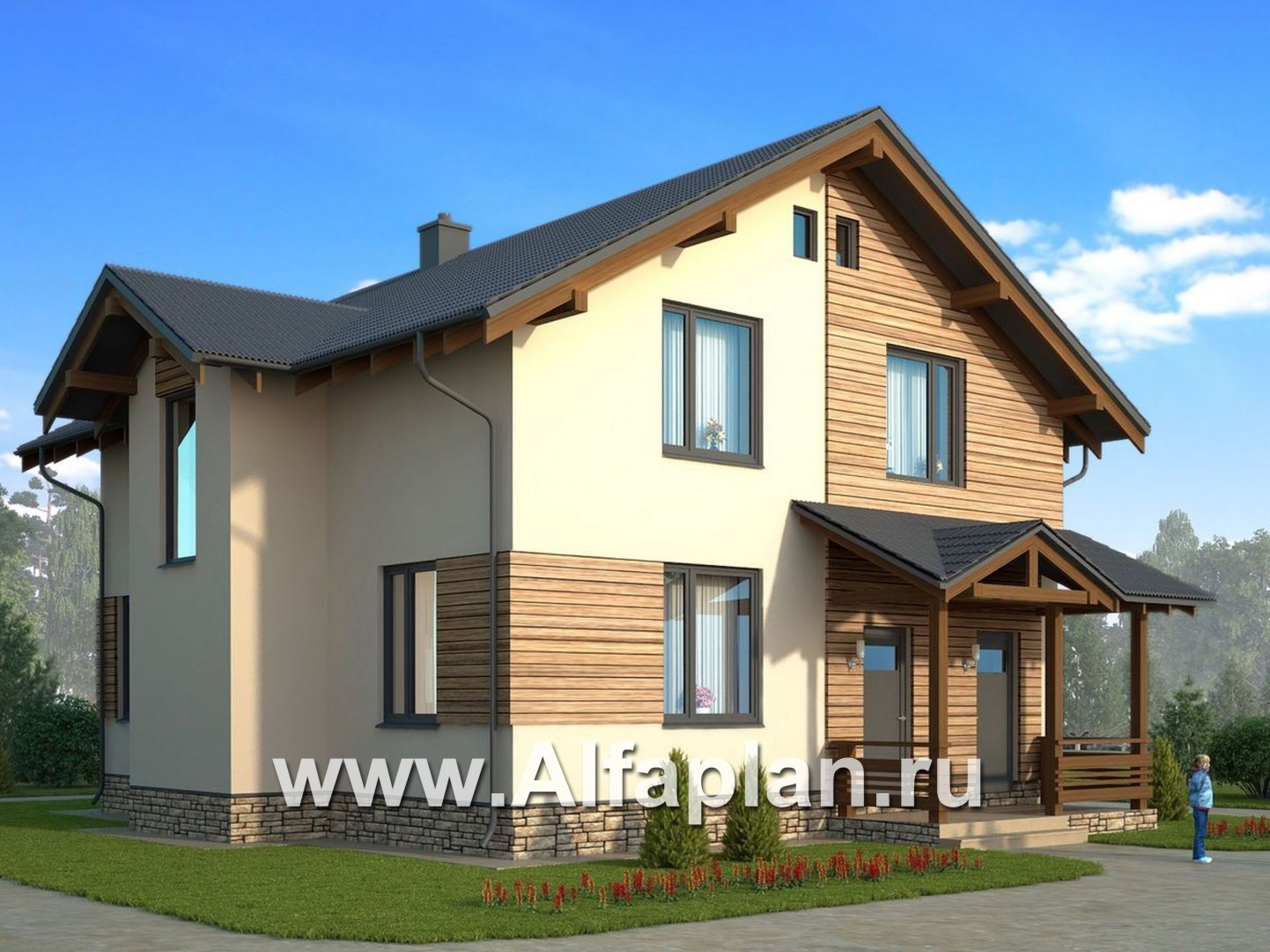 Проект дома из газобетона с мансардой, план с кабинетом на 1 эт, в стиле шале - дизайн дома №1