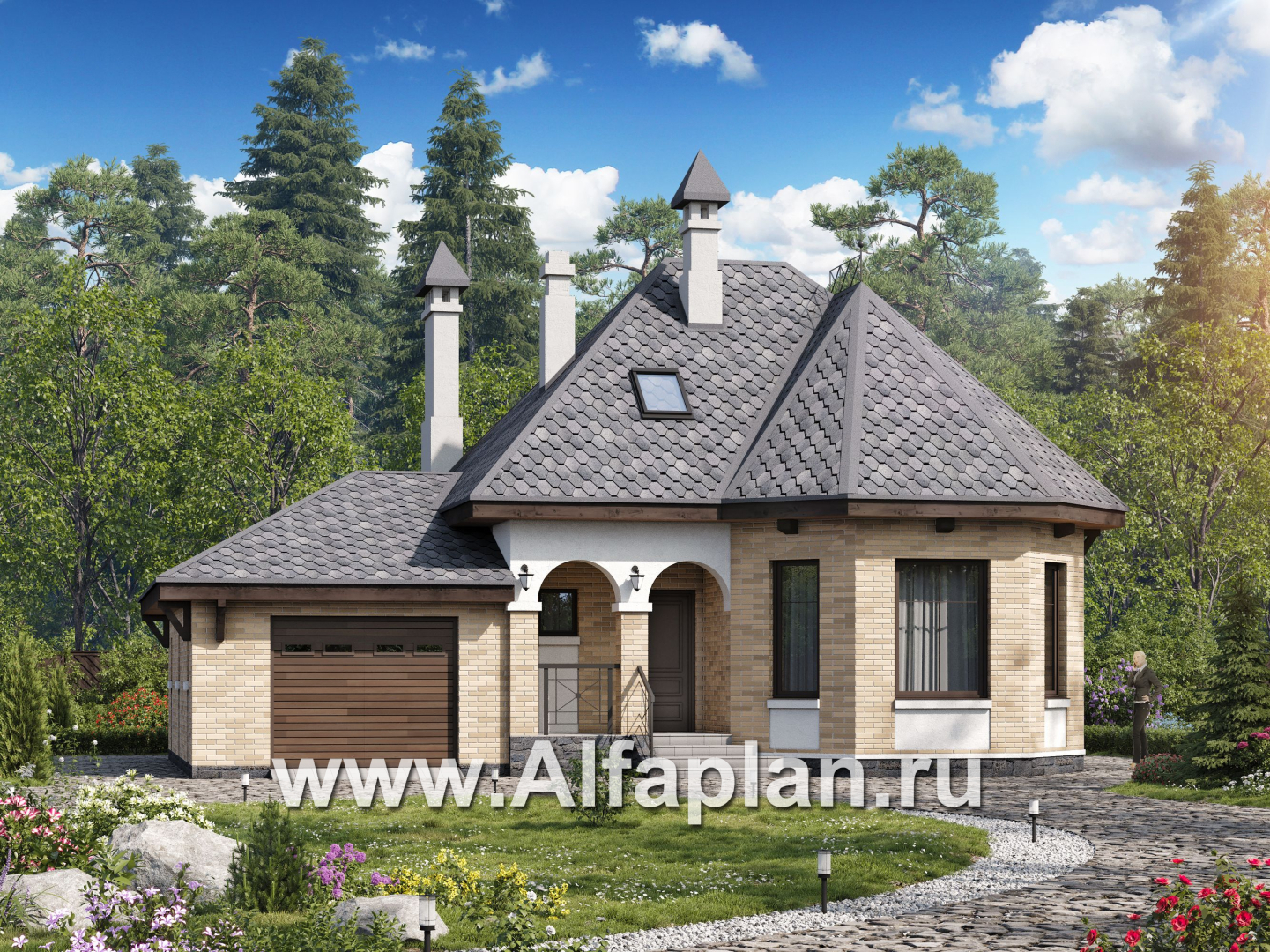Проекты домов Альфаплан - «Душечка» - небольшой дом с мансардой и гаражом - основное изображение