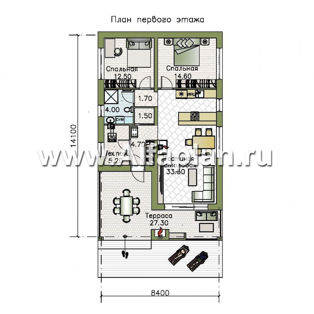 Проекты домов Альфаплан - «Мелета» - уютный одноэтажный дом с террасой - изображение плана проекта №1