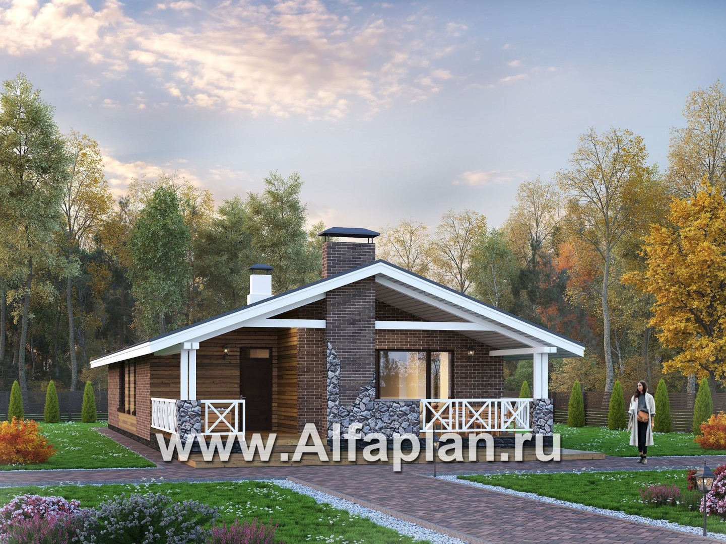 Проекты домов Альфаплан - «Эвтерпа» - одноэтажный дом с  тремя спальнями для узкого участка - основное изображение