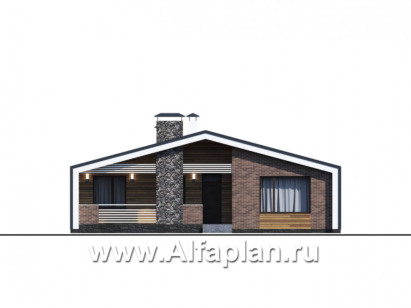 Проекты домов Альфаплан - «Веда» - проект одноэтажного дома с сауной, с террасой, в стиле барн - изображение фасада №1