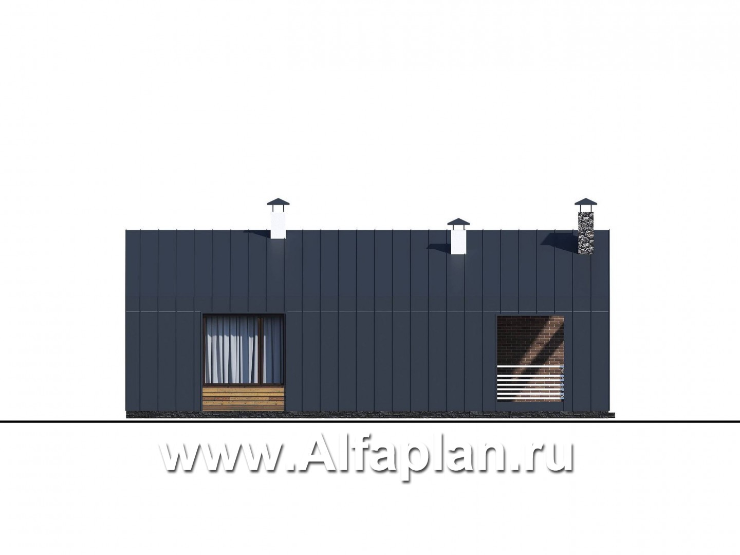 Проекты домов Альфаплан - «Веда» - проект одноэтажного дома с сауной, с террасой, в стиле барн - изображение фасада №2