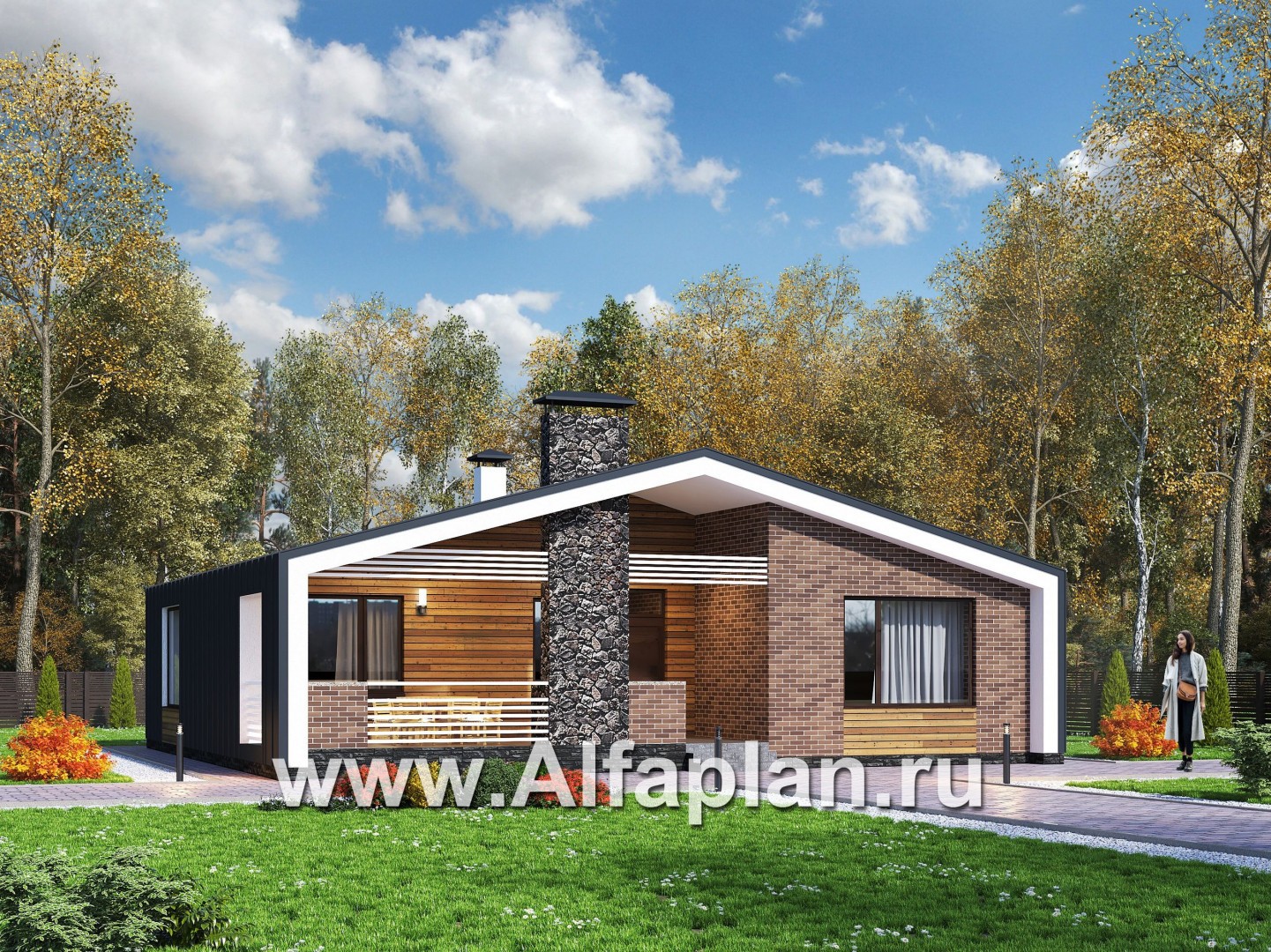 Проекты домов Альфаплан - «Веда» - проект одноэтажного дома с сауной, с террасой, в стиле барн - основное изображение