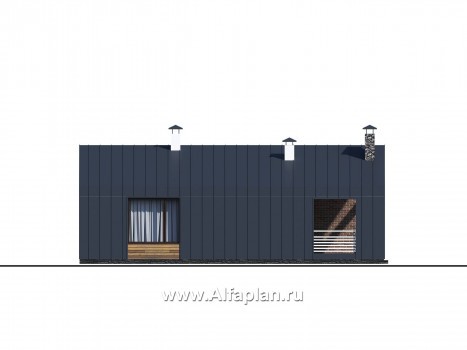Проекты домов Альфаплан - «Веда» - проект одноэтажного дома с сауной, с террасой, в стиле барн - превью фасада №2