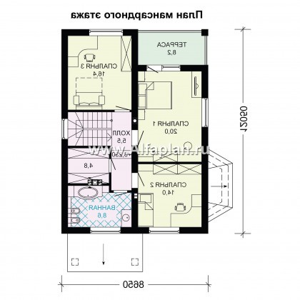 Проект дома с мансардой, планировка с террасой и кабинетом на 1 эт, с эркером и с гаражом на 1 авто - превью план дома