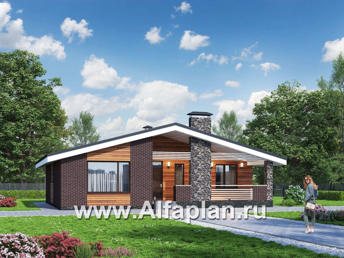 Проекты домов Альфаплан - «Веда» - проект одноэтажного дома с двускатной кровлей (три спальни) - основное изображение