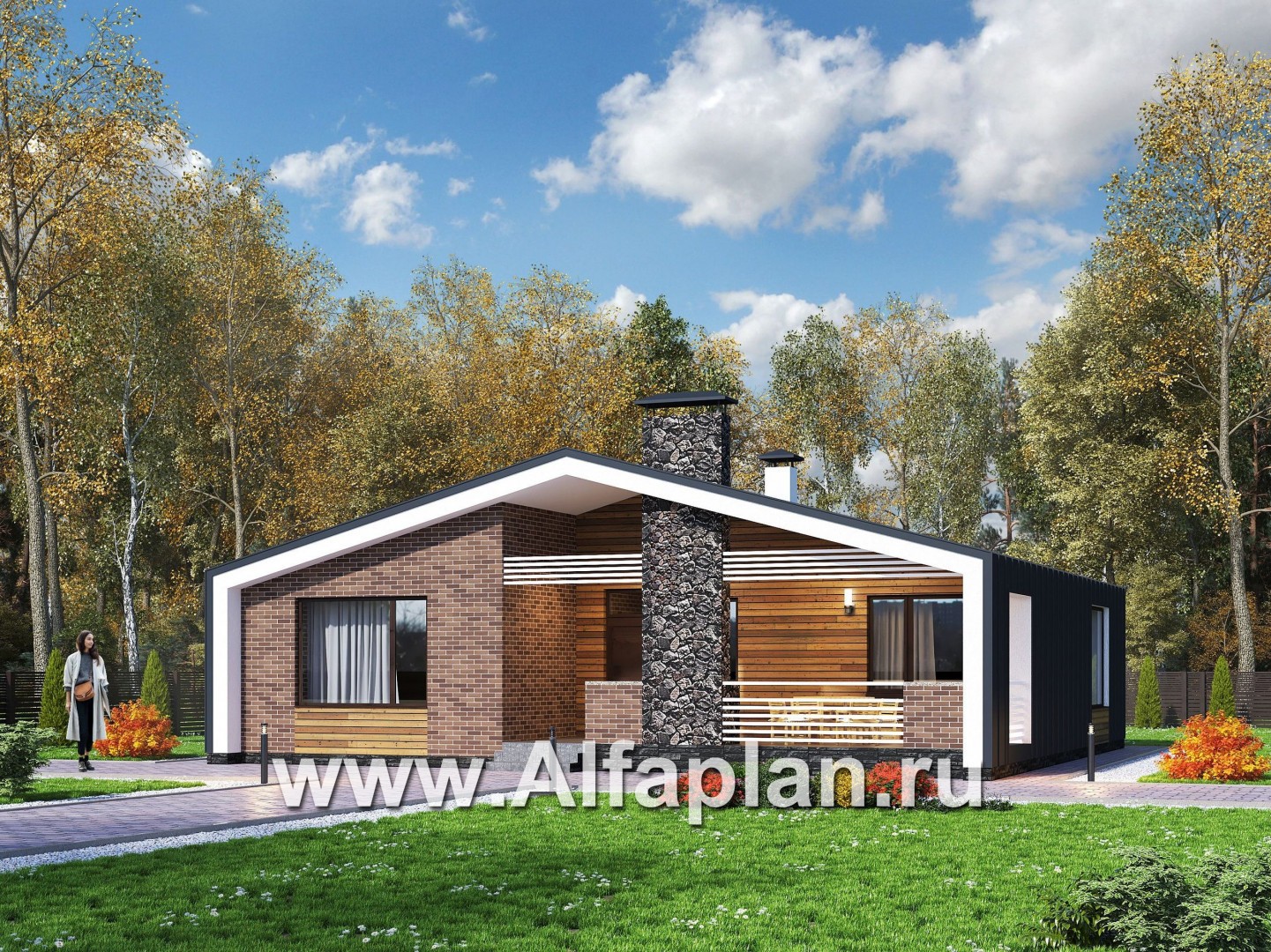 Проекты домов Альфаплан - «Веда» - проект одноэтажного дома в стиле барн (три спальни) - основное изображение