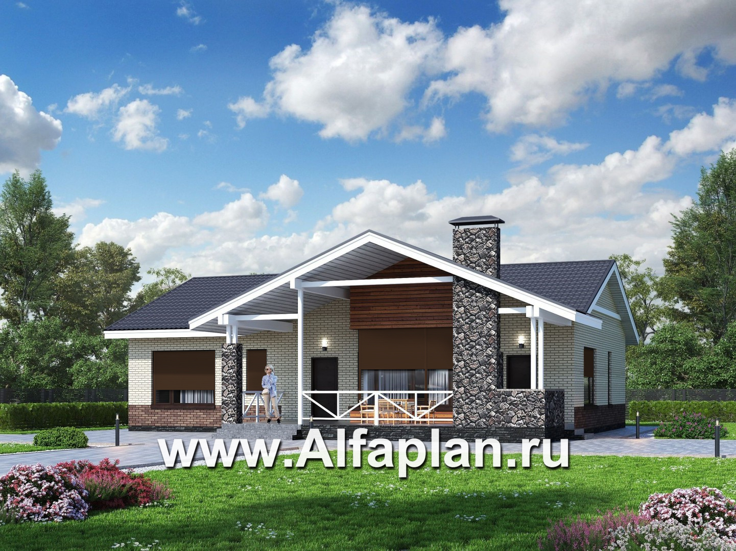 Проекты домов Альфаплан - «Бережки» - одноэтажный коттедж:  удачный план дома, красивый фасад - дополнительное изображение №1