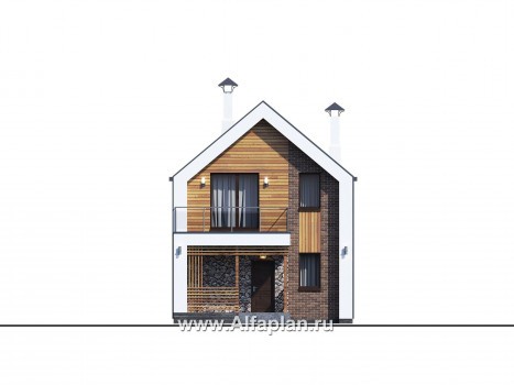 «Барн» - проект дома с мансардой, современный стиль барнхаус, с террасой к дому и с балконом - превью фасада дома