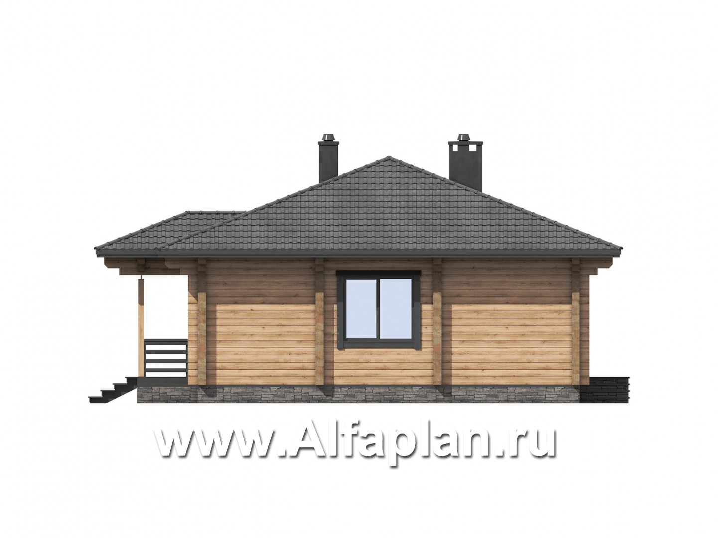 Проект одноэтажного дома из бруса, дача с террасой, 3 спальни - фасад дома