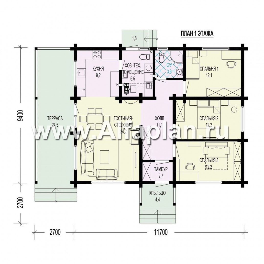 Проект одноэтажного дома из бруса, дача с террасой, 3 спальни - план дома