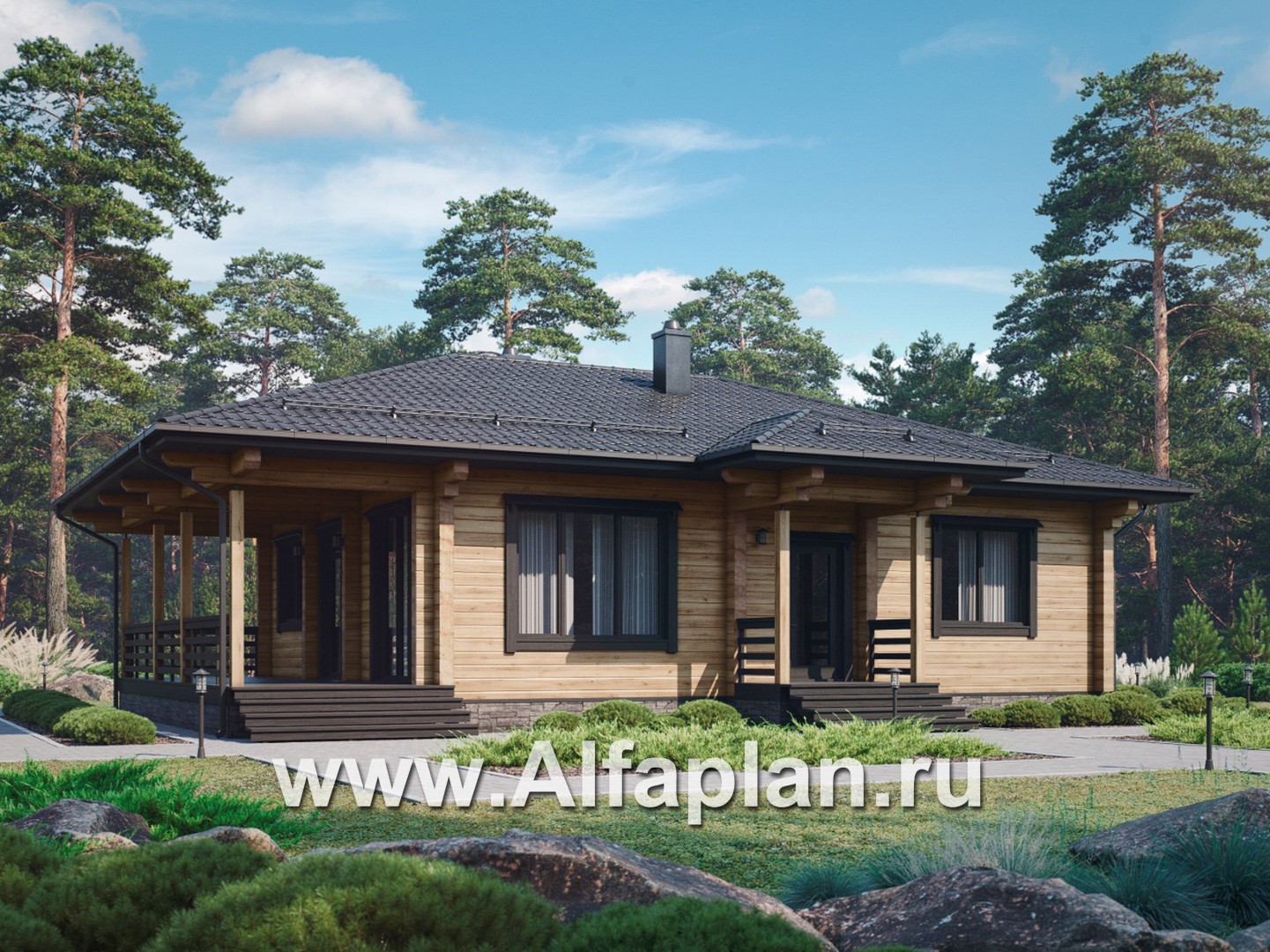 Проект одноэтажного дома из бруса, дача с террасой, 3 спальни - основное изображение