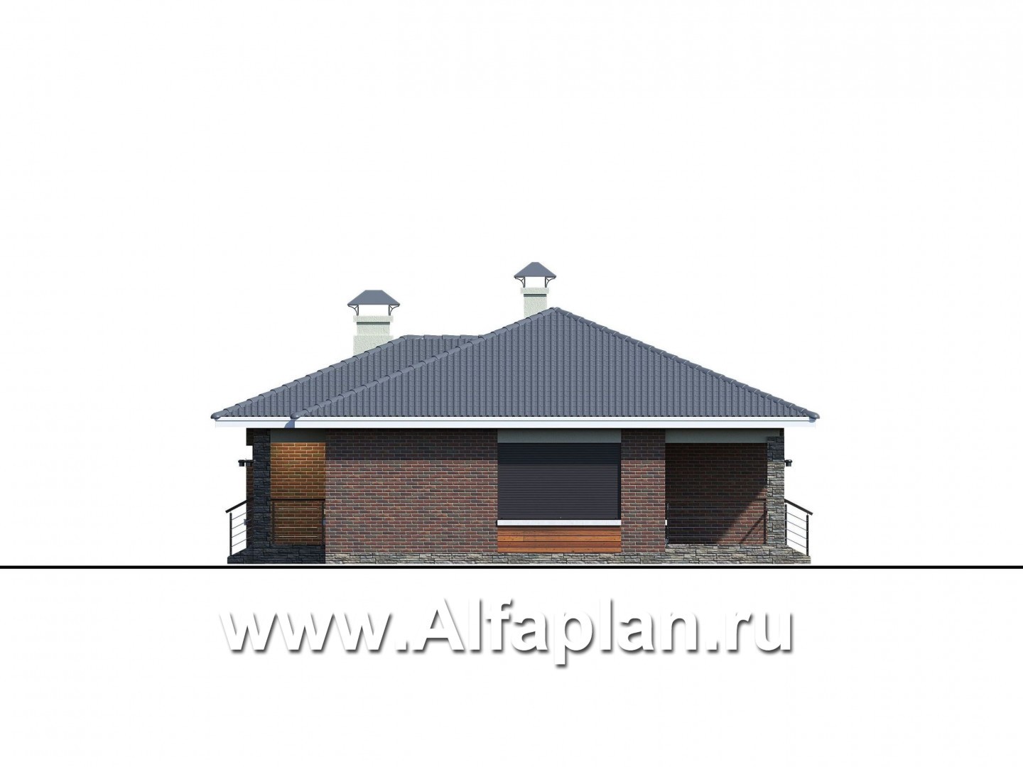 Проекты домов Альфаплан - «Онега» - проект одноэтажного дома из газобетона, с террасой, со скрытой установкой ролет на окнах - изображение фасада №2