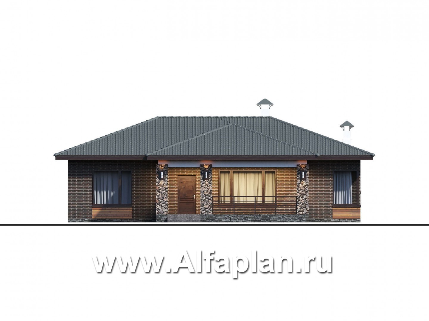 Проекты домов Альфаплан - "Соната" - проект одноэтажного дома, с террасой, 3 спальни, в современном стиле - изображение фасада №1