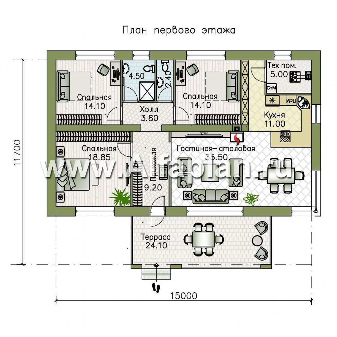 Проекты домов Альфаплан - "Соната" - проект одноэтажного дома, с террасой, 3 спальни, в современном стиле - изображение плана проекта №1