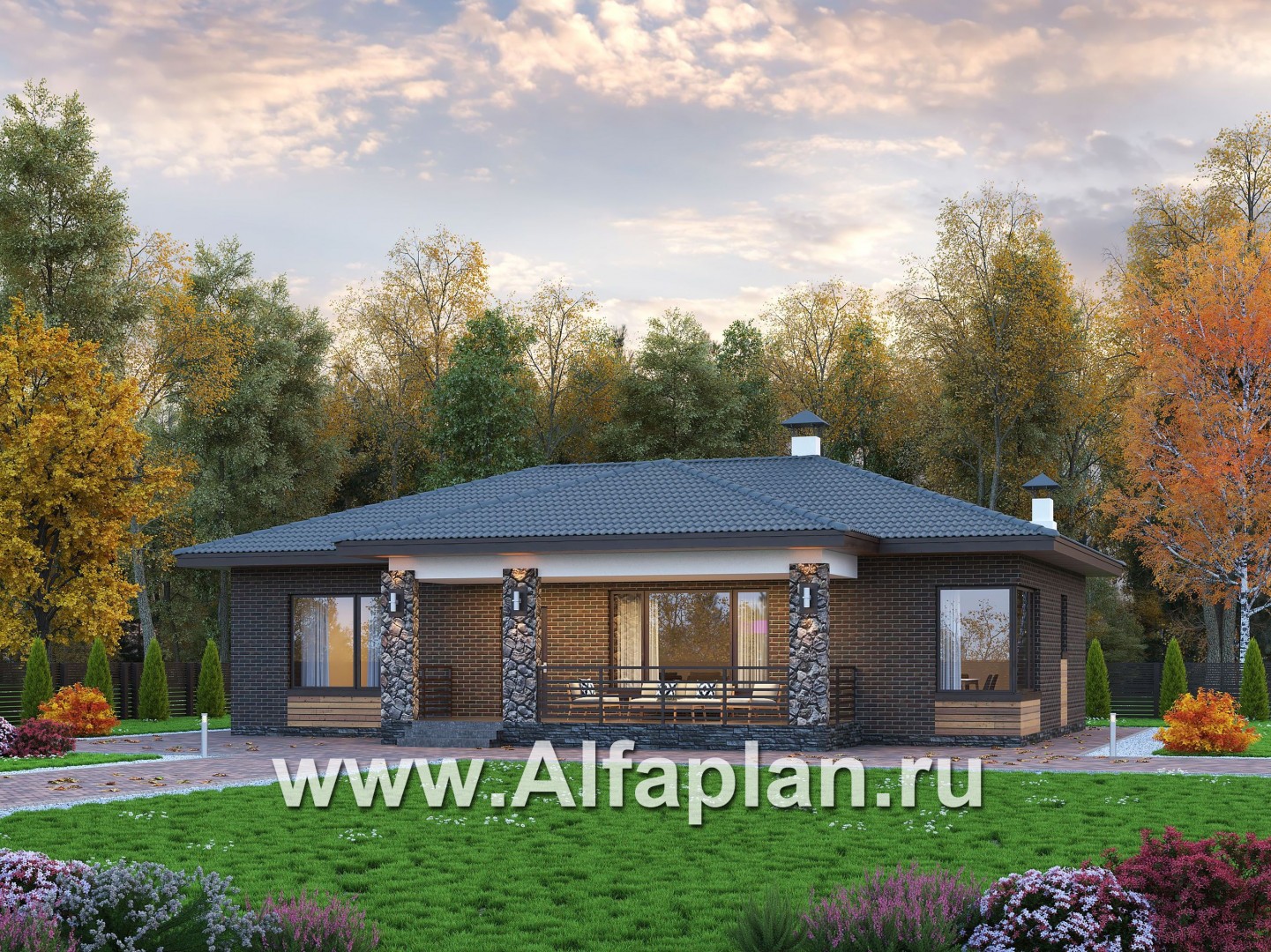 Проекты домов Альфаплан - "Соната" - проект одноэтажного дома, с террасой, 3 спальни, в современном стиле - основное изображение