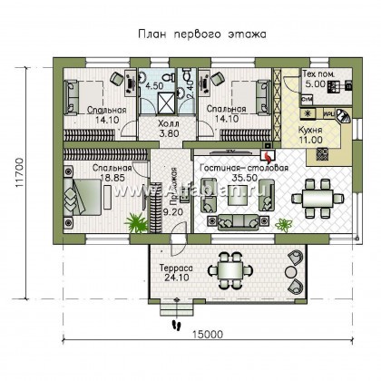 Проекты домов Альфаплан - "Соната" - проект одноэтажного дома, с террасой, 3 спальни, в современном стиле - превью плана проекта №1