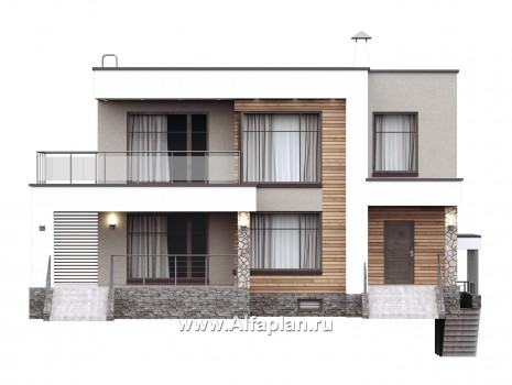 Проекты домов Альфаплан - «Серотонин» - проект современного хай-тек дома с плоской кровлей и цокольным этажом - превью фасада №1