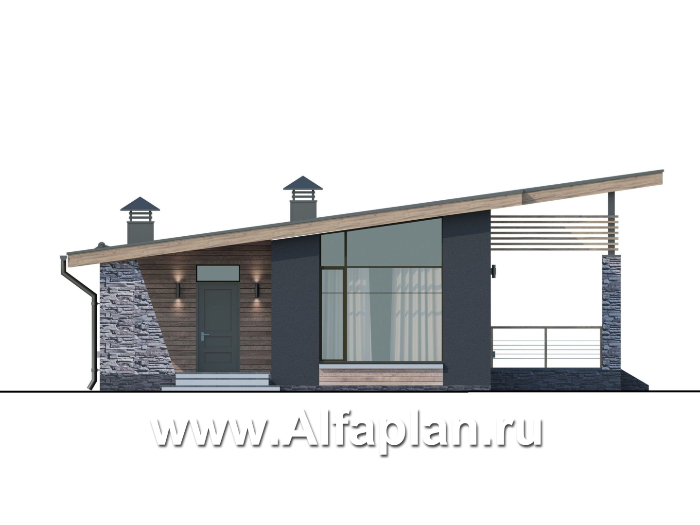 Проекты домов Альфаплан - «Корица» - одноэтажный дом с односкатной крышей, с двумя спальнями - изображение фасада №1