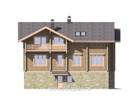 «Традиция» - проект дом с мансардой из бревен, с гаражом и сауной в каменном цоколе,  с террасой - превью фасада дома