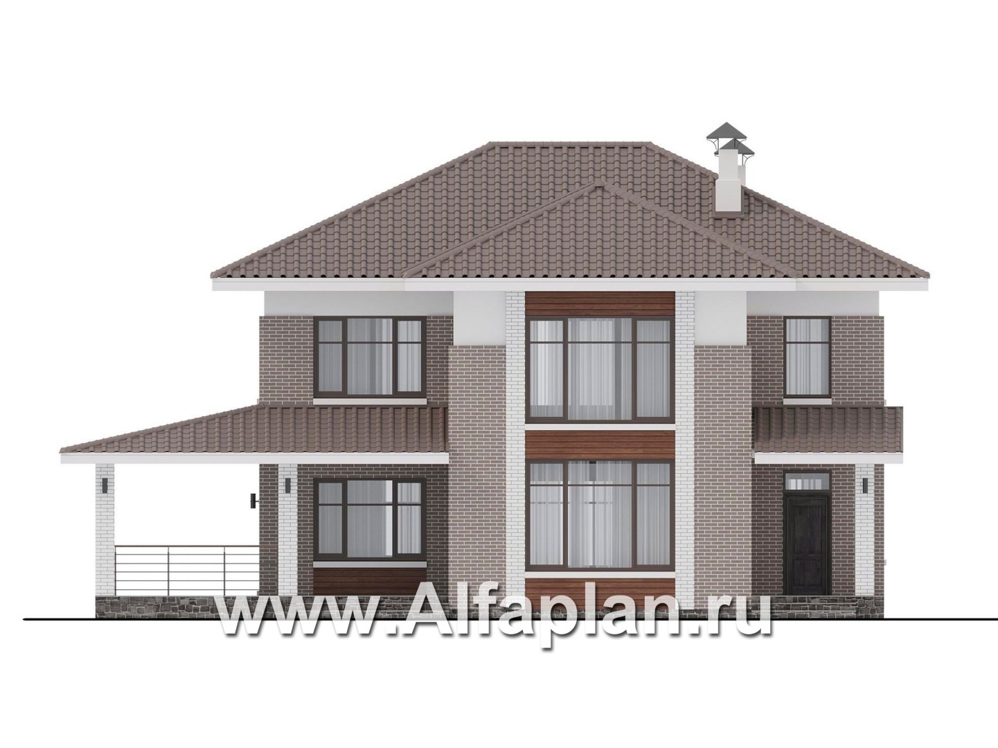 Проекты домов Альфаплан - "Вермеер" - проект двухэтажного дома, планировка с лестницей в гостиной и мастер спальня, с террасой - изображение фасада №1