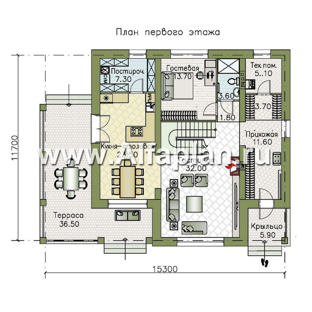 Проекты домов Альфаплан - "Вермеер" - проект двухэтажного дома, планировка с лестницей в гостиной и мастер спальня, с террасой - изображение плана проекта №1