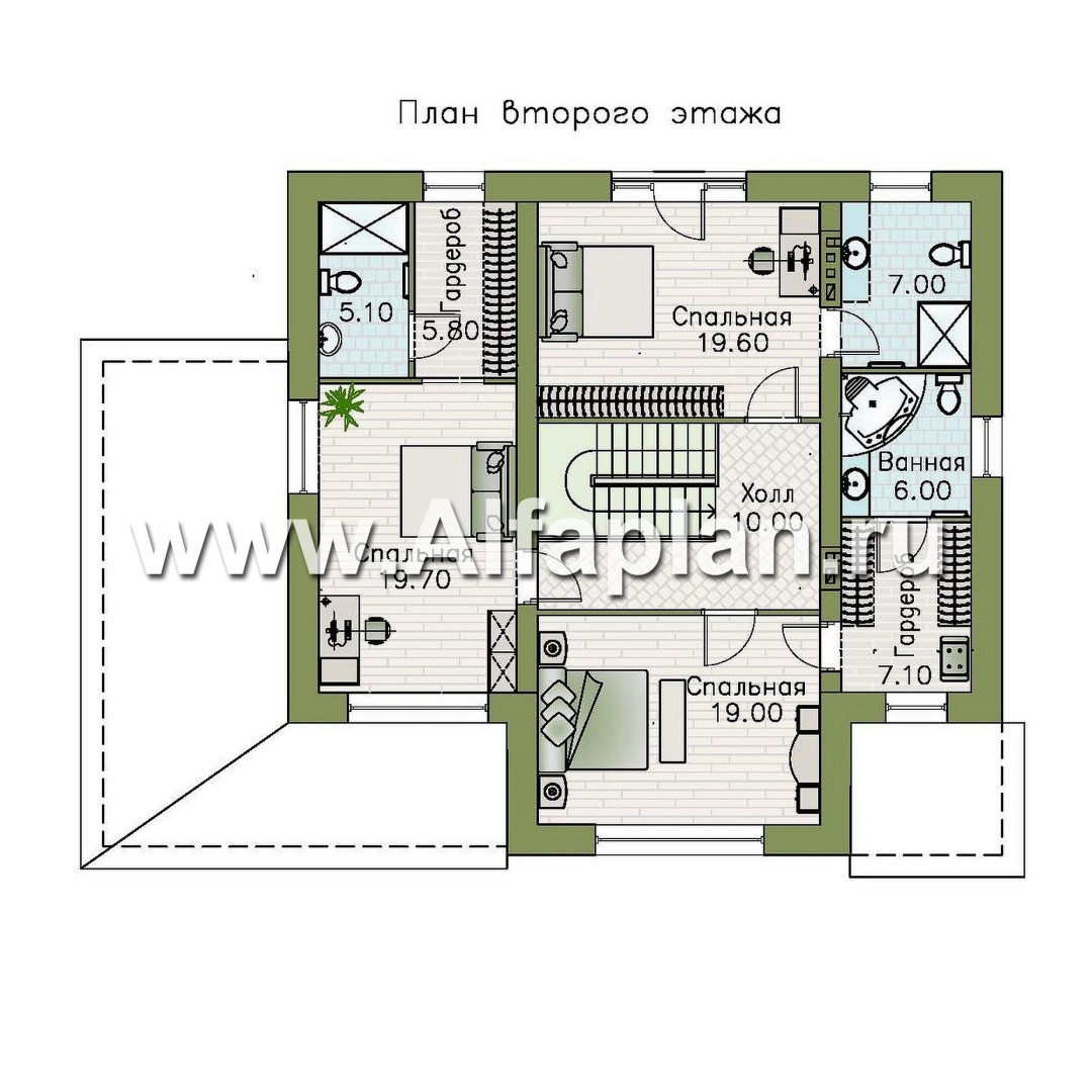 Проекты домов Альфаплан - "Вермеер" - проект двухэтажного дома, планировка с лестницей в гостиной и мастер спальня, с террасой - изображение плана проекта №2