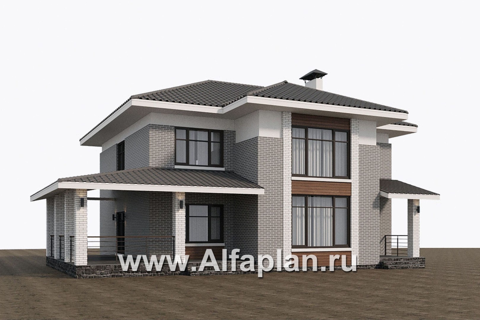 Проекты домов Альфаплан - "Вермеер" - проект двухэтажного дома, планировка с лестницей в гостиной и мастер спальня, с террасой - дополнительное изображение №1