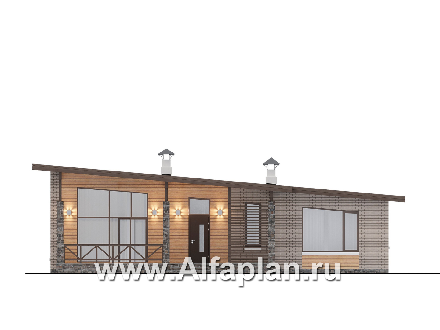 Проекты домов Альфаплан - "Стрелец" -проект современного одноэтажного дома с односкатной крышей - изображение фасада №1