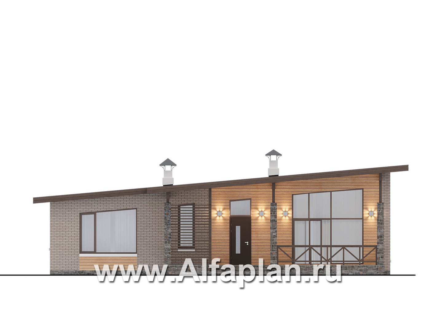 Проекты домов Альфаплан - "Стрелец" -проект современного одноэтажного дома с террасой, с односкатной крышей - изображение фасада №1