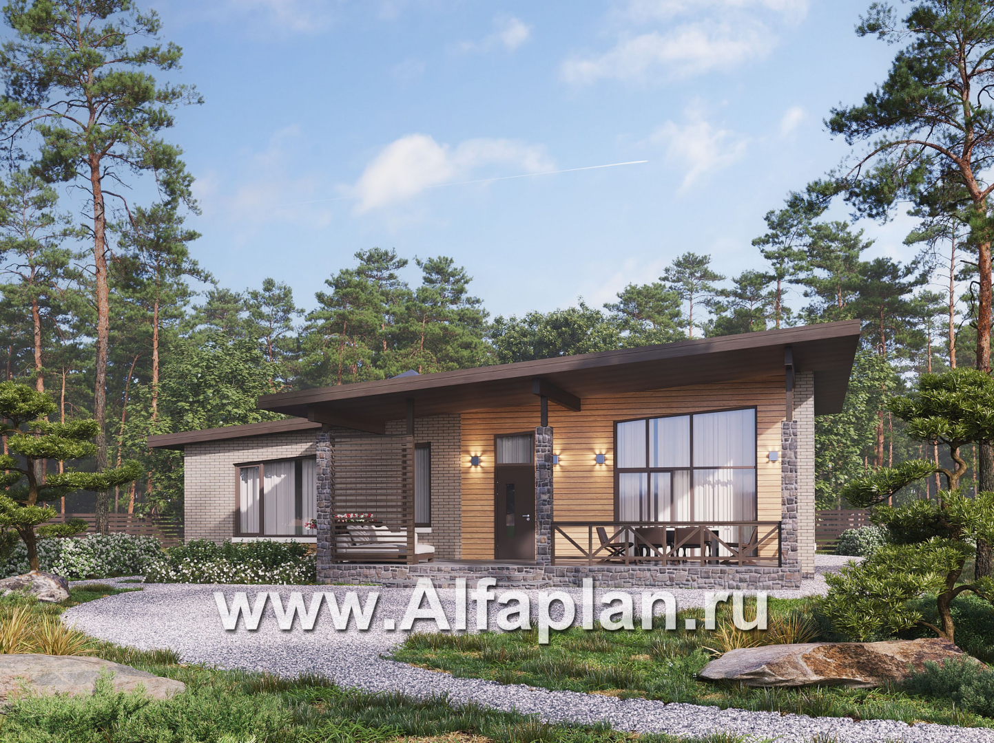 Проекты домов Альфаплан - "Стрелец" -проект современного одноэтажного дома с террасой, с односкатной крышей - основное изображение