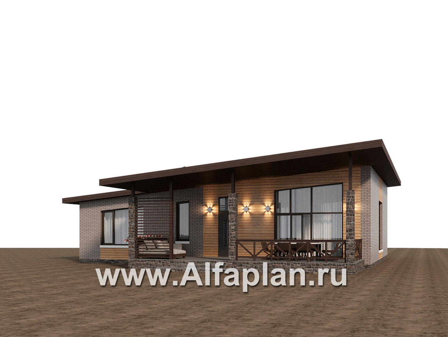 Проекты домов Альфаплан - "Стрелец" -проект современного одноэтажного дома с террасой, с односкатной крышей - дополнительное изображение №1