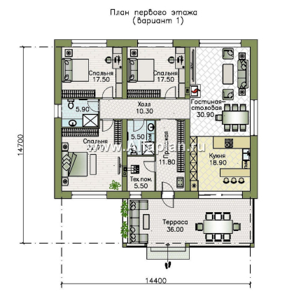 Проекты домов Альфаплан - "Стрелец" -проект современного одноэтажного дома с террасой, с односкатной крышей - превью плана проекта №1