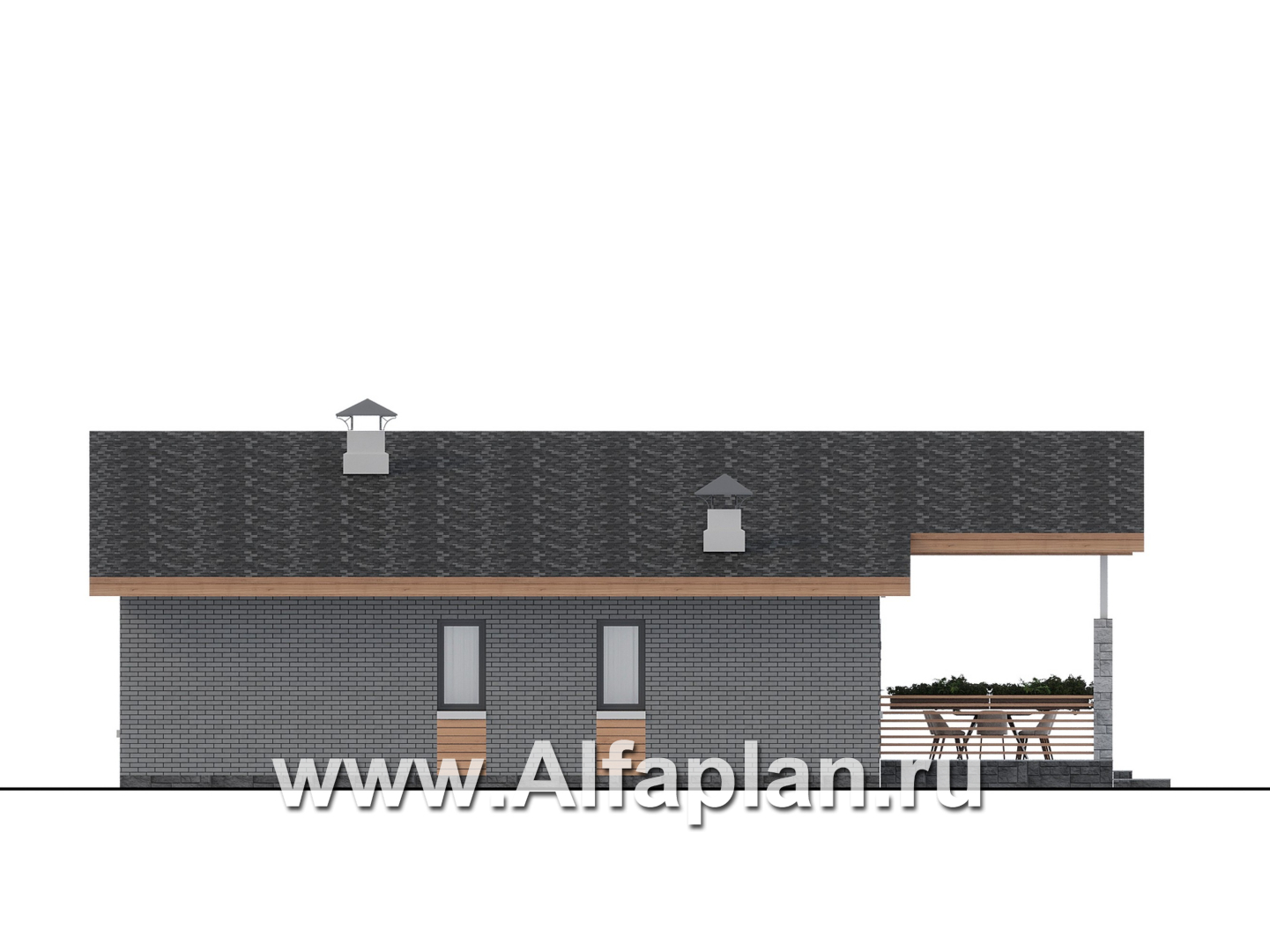 Проекты домов Альфаплан - "Форест" - проект одноэтажного дома, с террасой со стороны входа, 3 спальни, с двускатной крышей - изображение фасада №3