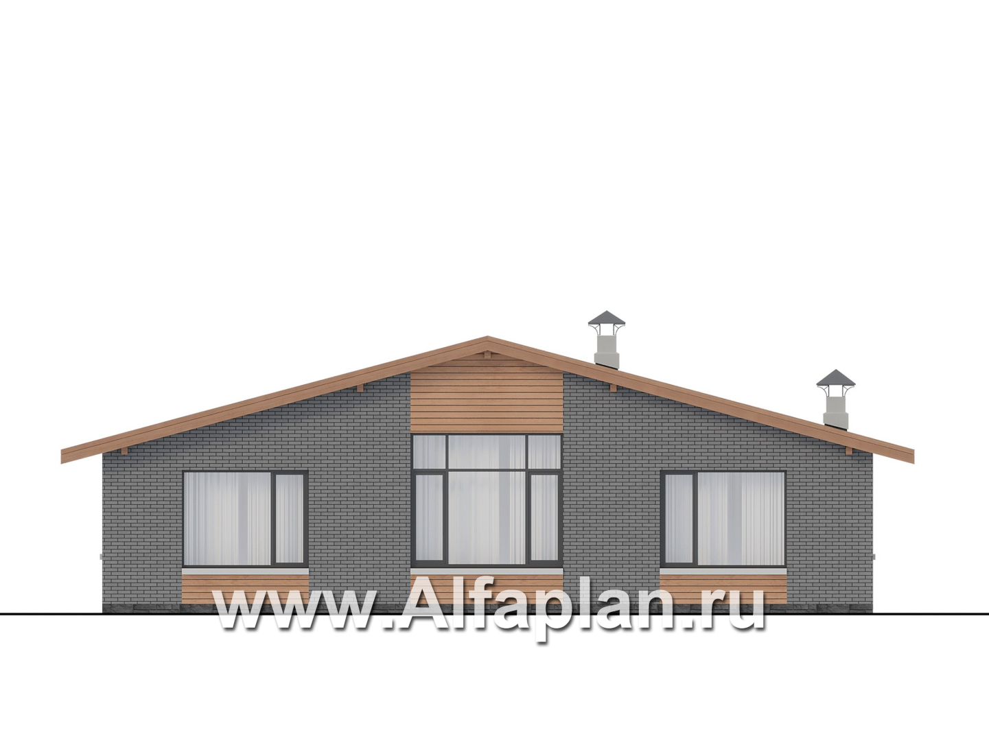 Проекты домов Альфаплан - "Форест" - проект одноэтажного дома, с террасой со стороны входа, 3 спальни, с двускатной крышей - изображение фасада №4