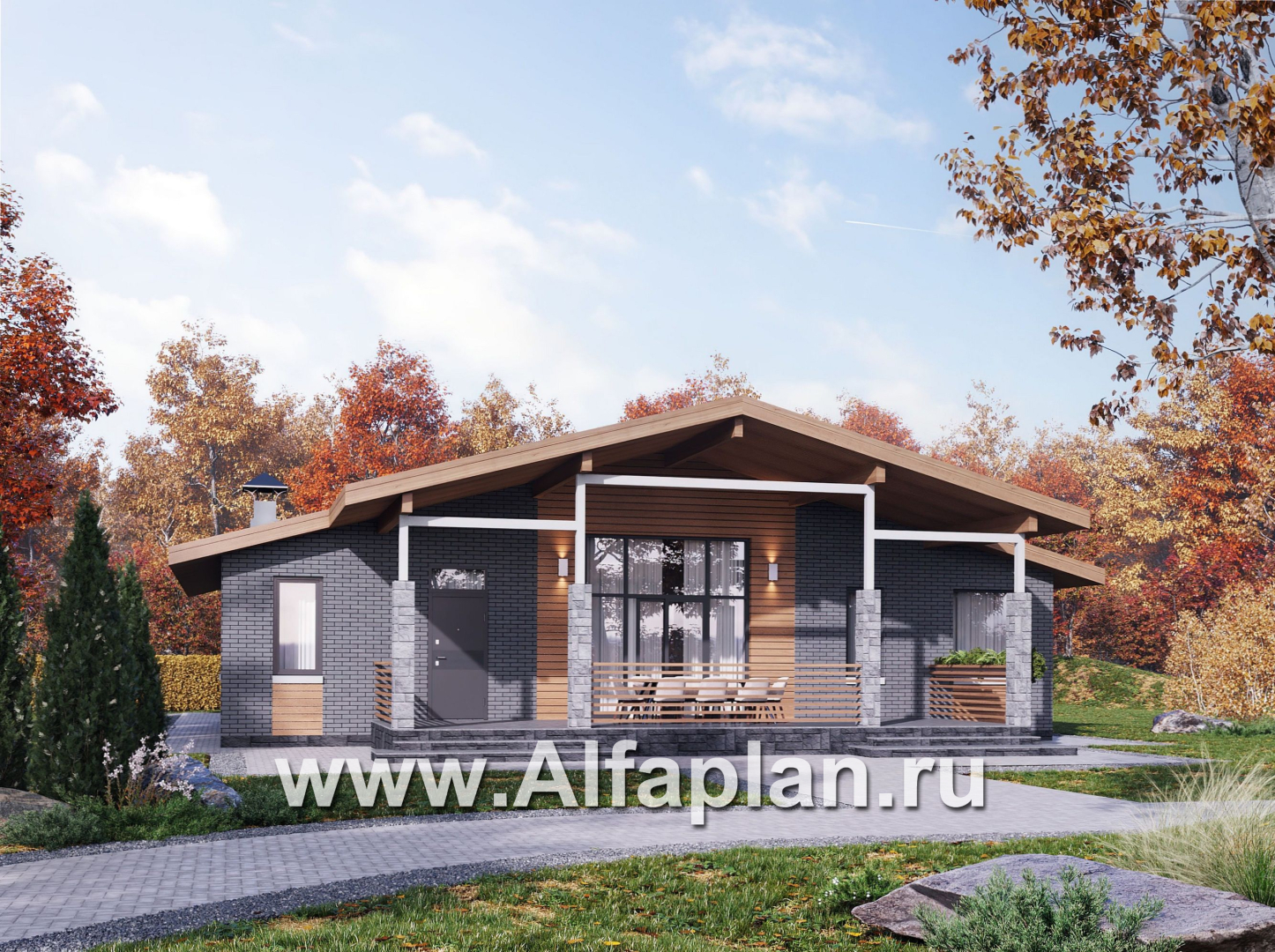Проекты домов Альфаплан - "Форест" - проект одноэтажного дома, с террасой со стороны входа, 3 спальни, с двускатной крышей - основное изображение