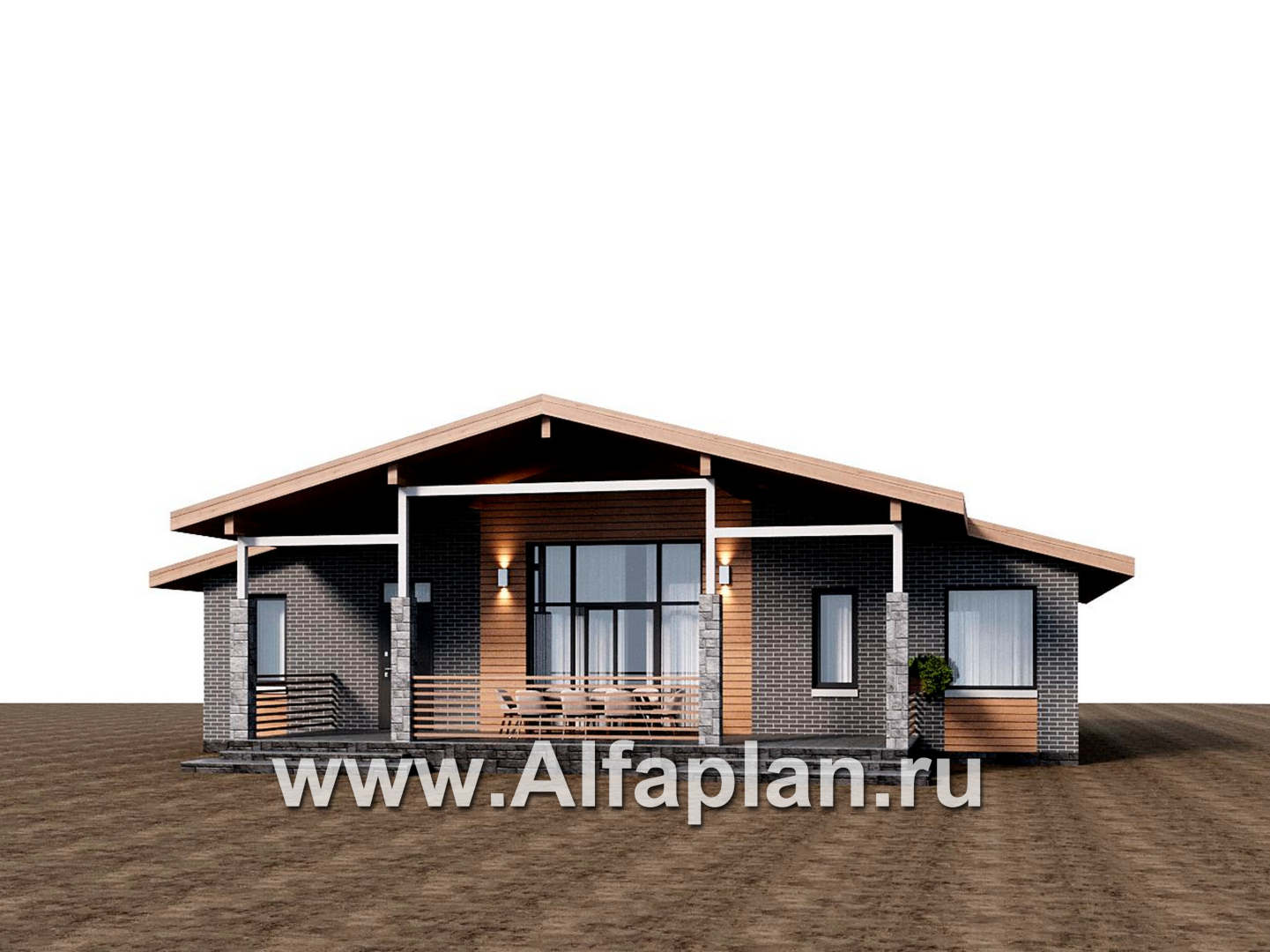 Проекты домов Альфаплан - "Форест" - проект одноэтажного дома, с террасой со стороны входа, 3 спальни, с двускатной крышей - дополнительное изображение №1