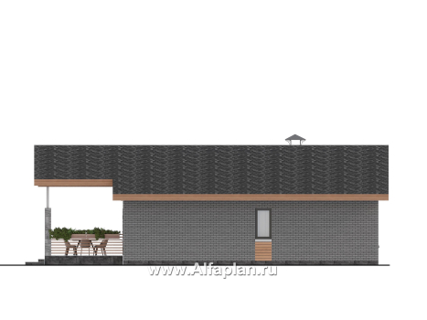 Проекты домов Альфаплан - "Форест" - проект одноэтажного дома, с террасой со стороны входа, 3 спальни, с двускатной крышей - превью фасада №2