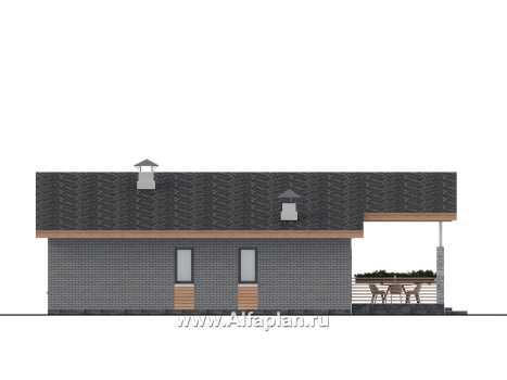 Проекты домов Альфаплан - "Форест" - проект одноэтажного дома, с террасой со стороны входа, 3 спальни, с двускатной крышей - превью фасада №3