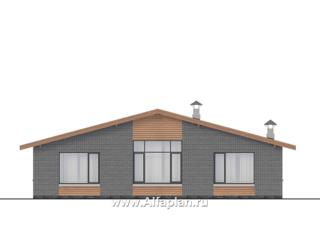 Проекты домов Альфаплан - "Форест" - проект одноэтажного дома, с террасой со стороны входа, 3 спальни, с двускатной крышей - превью фасада №4