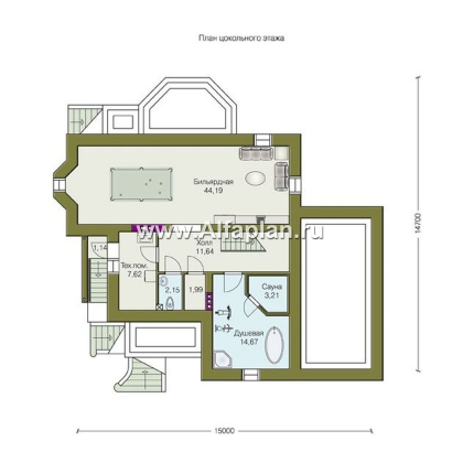 «Приорат Плюс» - проект дома с мансардой, кабинет на 1 эт, с террасой и с эркером, с биллиардной в цокольном этаже, гараж на 1 авто - превью план дома
