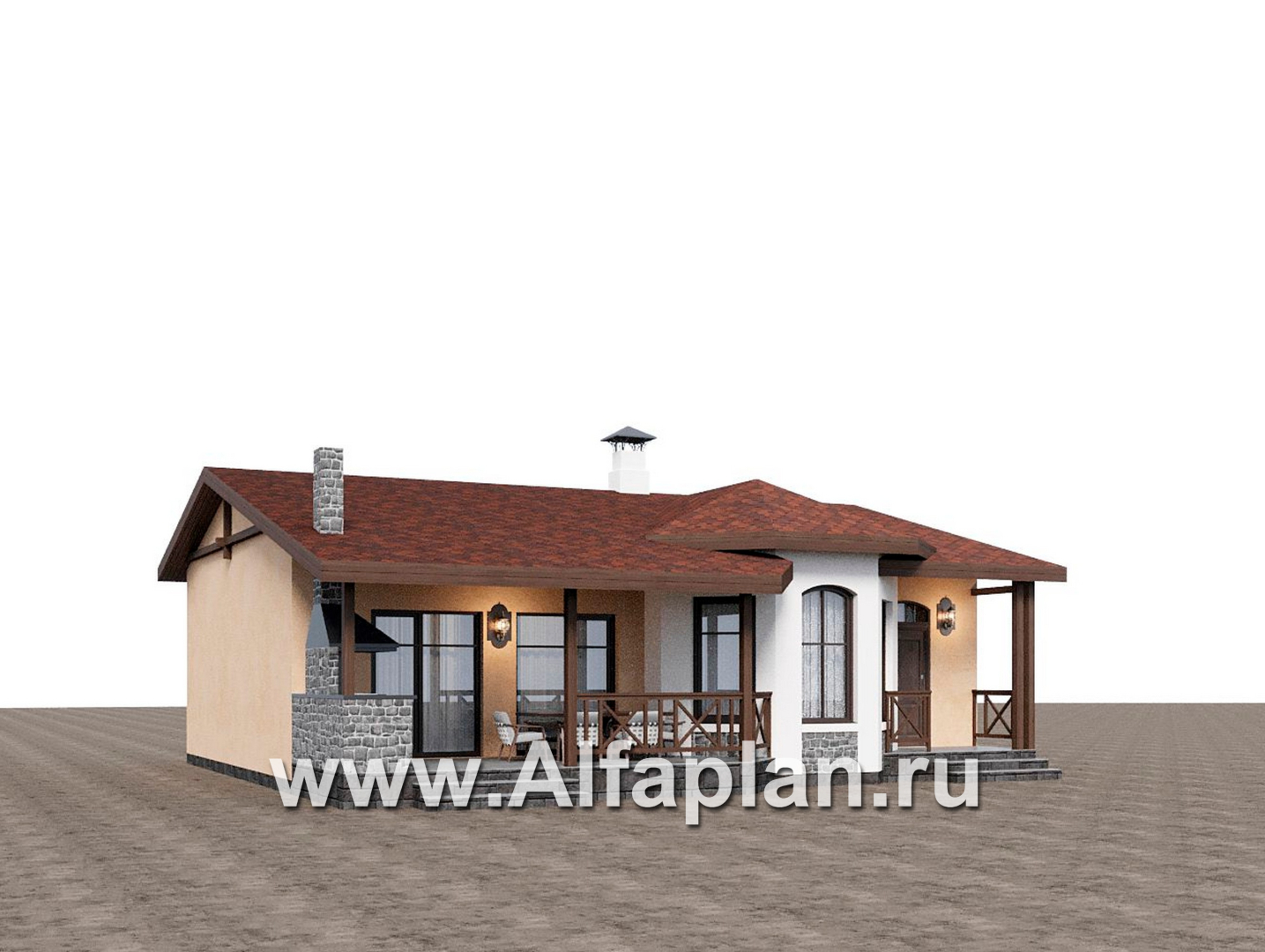 Проекты домов Альфаплан - "Сорренто" - проект одноэтажного дома, две спальни, в средиземноморском стиле - дополнительное изображение №1