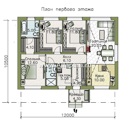 Проекты домов Альфаплан - "Пикколо" - экономичный одноэтажный коттедж из гзобетонных блоков - превью плана проекта №1