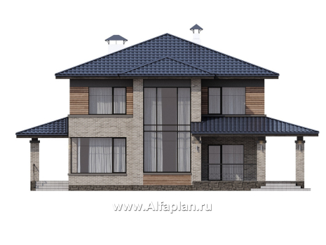 «Компас» - проект двухэтажного коттеджа, план дома со вторым светом и террасой, в стиле Райта - превью фасада дома